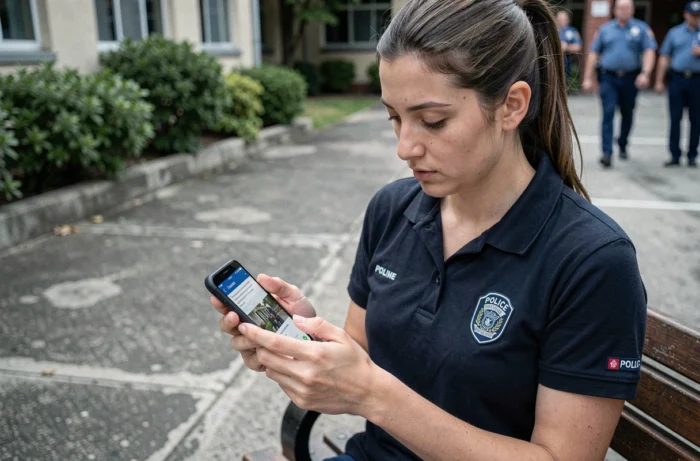 Stagiaire police nationale suivant un module eCampus sur smartphone en extérieur