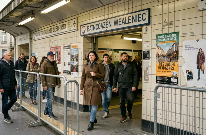 Entrée de station de métro dans un quartier populaire de Lyon, passagers du quotidien dans un environnement urbain dégradé