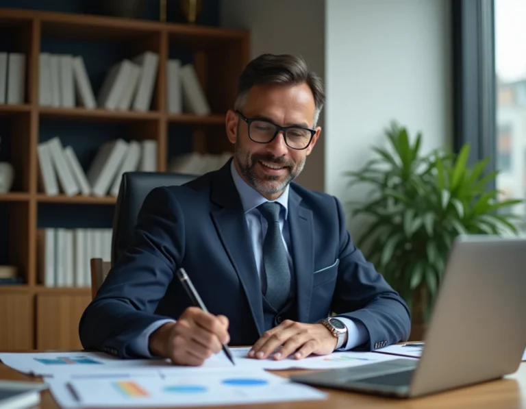 Homme d'affaires analysant des documents financiers sur un bureau moderne pour optimiser ses investissements