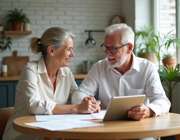 Couple serein planifiant leurs investissements financiers à long terme autour d'une table dans un appartement moderne