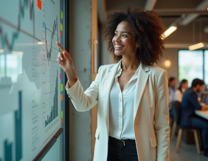 Femme cadre présentant une stratégie d'investissement financier sur un tableau de graphiques en entreprise