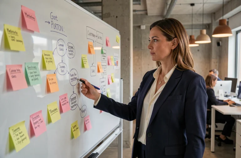 Femme professionnelle présentant une stratégie marketing sur un tableau blanc dans un bureau moderne en 2024