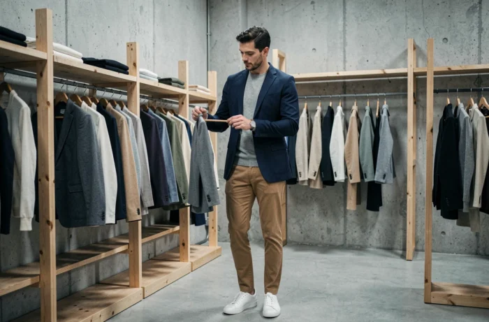 Homme tendance en blazer marine et sneakers blanches explorant une boutique de mode minimaliste, conseils style masculin au quotidien