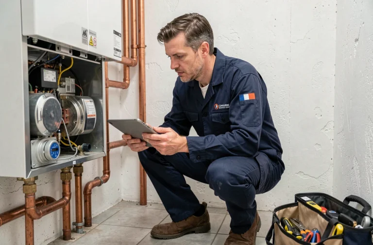 Technicien chauffagiste professionnel inspectant une chaudière murale dans un appartement bruxellois
