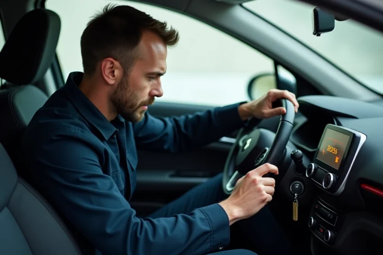Technicien automobile réinitialisant le compteur kilométrique d'une Renault Clio 5 depuis l'habitacle