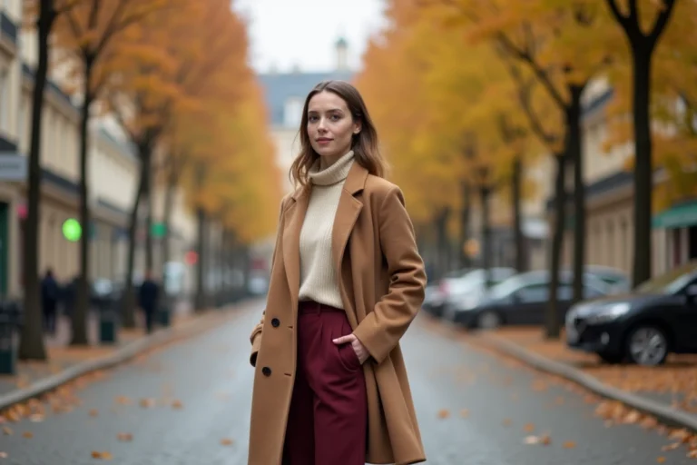 Femme élégante portant un manteau camel et un pantalon bordeaux dans une rue pavée parisienne en automne, tendances mode de saison