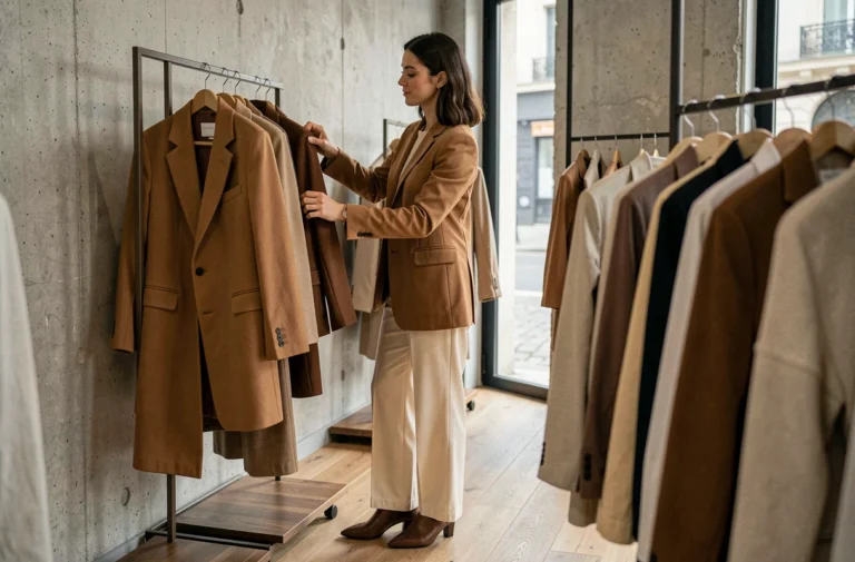 Femme élégante en blazer camel oversize feuilletant un portant de vêtements dans une boutique de mode minimaliste parisienne