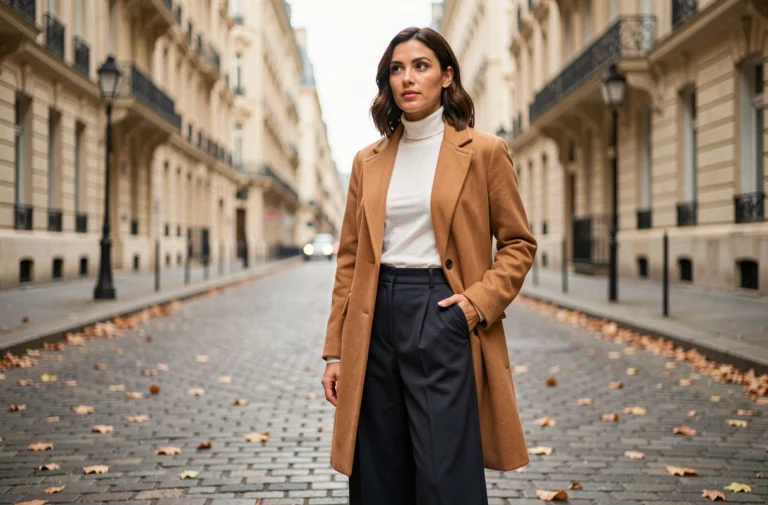 Femme élégante portant un manteau camel tendance dans une rue parisienne en automne, illustrant les dernières tendances mode femme