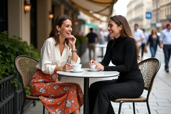 Deux femmes stylées aux tenues tendance contrastées riant ensemble en terrasse de café en ville, mode féminine saison actuelle