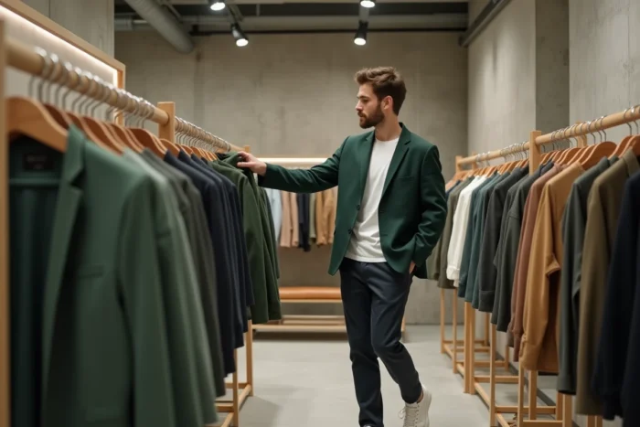 Homme en blazer vert structuré et chino marine explorant les nouvelles collections dans un concept store minimaliste, mode homme tendance