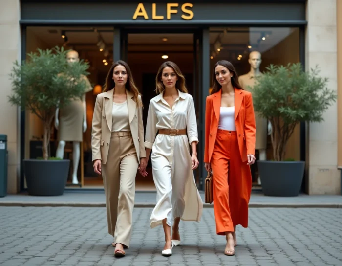 Trois femmes tendance portant les nouvelles collections Renée Fashion devant la devanture d'une boutique de mode en centre-ville