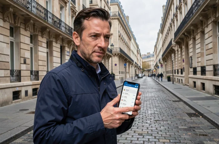 Homme consultant une adresse sur smartphone dans une rue résidentielle française aux bâtiments haussmanniens