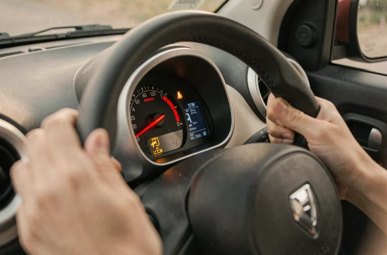 Tableau de bord d'une Renault Twingo avec jauge de carburant dans le rouge et voyant de réserve allumé