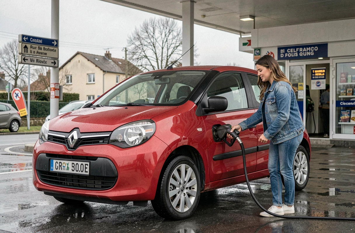 Femme faisant le plein d'une Renault Twingo essence à une station-service française après avoir roulé en réserve