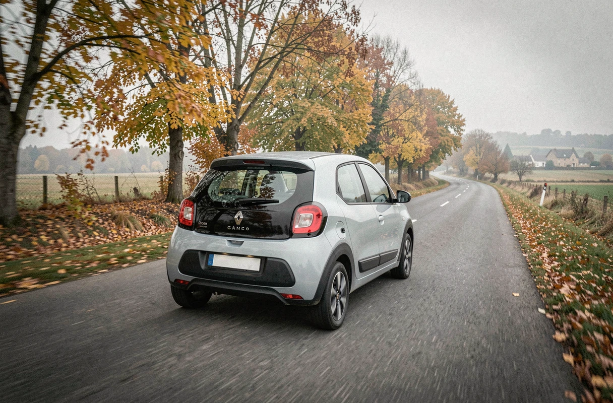 Renault Twingo roulant en réserve d'essence sur une route de campagne française entourée d'arbres d'automne