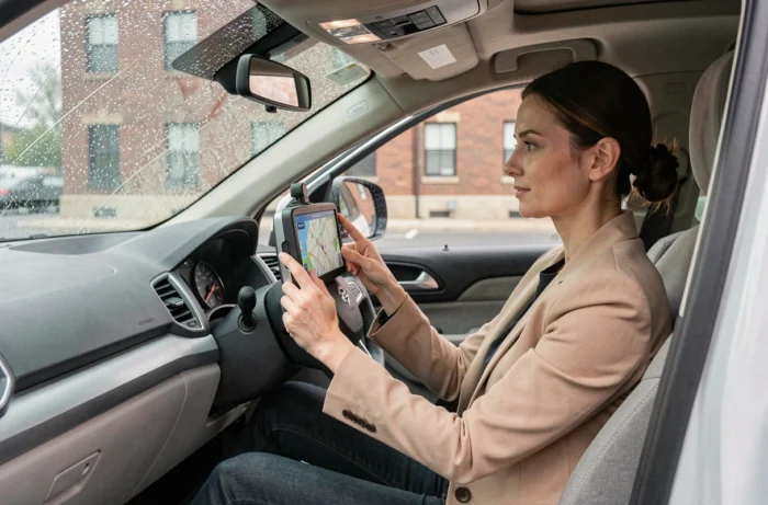 Femme utilisant un GPS nouvellement installé dans l'habitacle d'un SUV garé en zone urbaine
