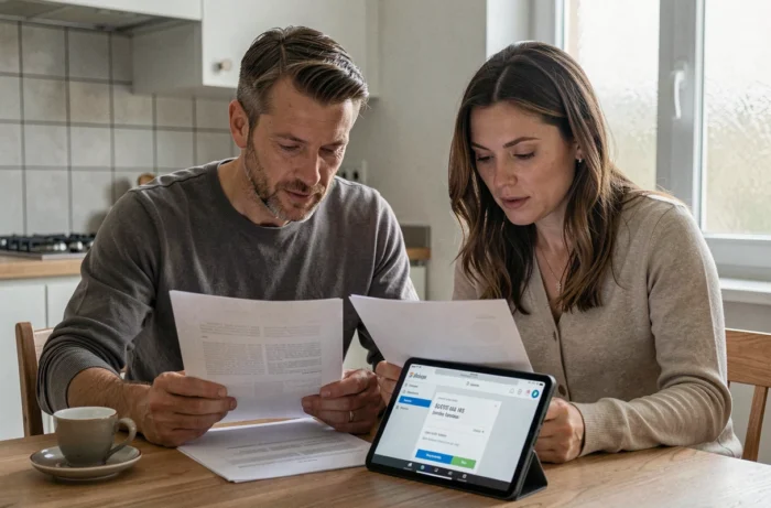 Deux personnes consultant un service de recherche d'adresse en ligne sur une tablette dans une cuisine française moderne