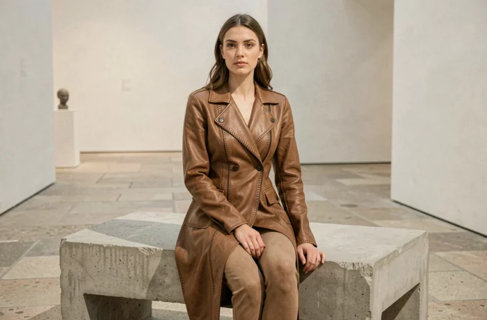 Modèle féminine assise portant une veste en cuir avant-garde aux coutures apparentes dans une galerie minimaliste, style Carol Christian Poell