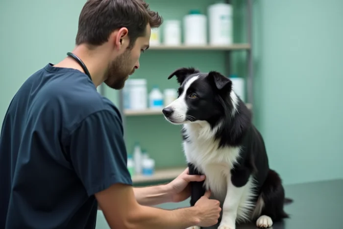 Vétérinaire examinant un Border Collie dans une clinique vétérinaire, illustrant les soins de santé essentiels pour les chiens